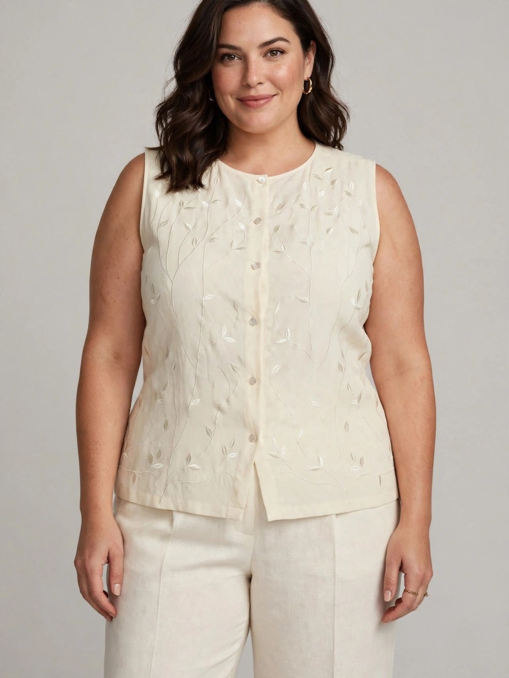 Charter Club Cream Sleeveless Embroidered Button-Front Camisole